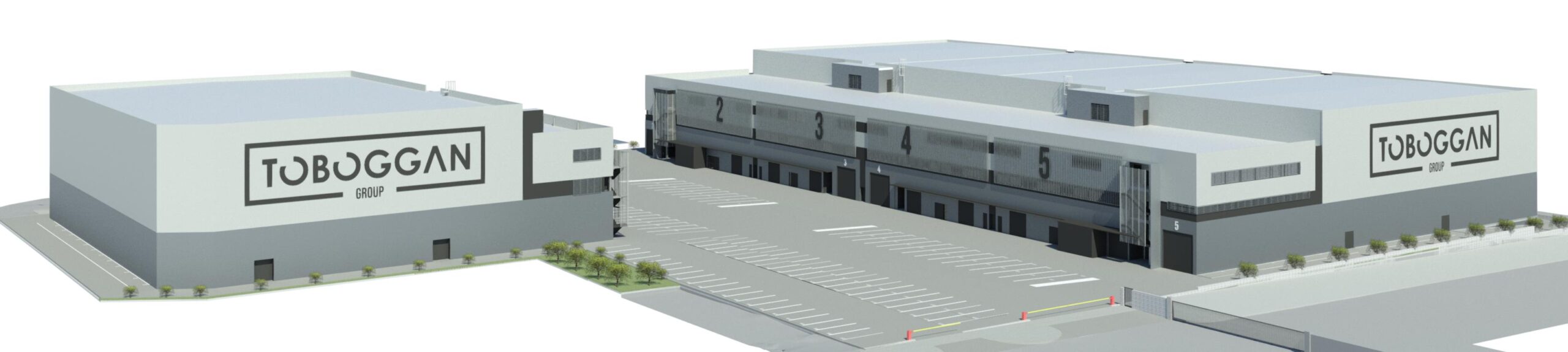Conjunto del nuevo HUB de TOBOGGAN GROUP en Villaverde, Madrid. Render de los edificios y el parking en perspectiva.