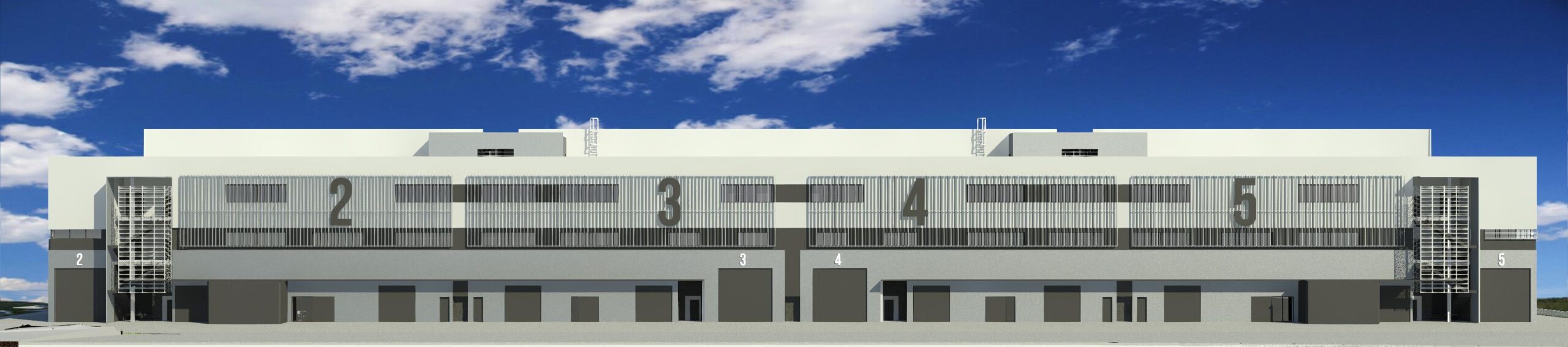 Nuevo HUB de TOBOGGAN GROUP en Villaverde, Madrid. Render del edificio en plano alzado.